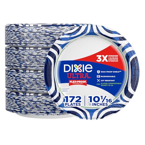 Dixie Ultra, Large Paper Plates, 10 Inch, 172 Count (4 packs of 43 plates), 3X Stronger*, Heavy Duty, Microwave-Safe, Soak-Proof, Cut Resistant, Disposable Plates For Heavy, Messy Meals