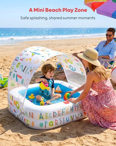QPAU Baby Pool with Detachable Canopy for Sun Protection, 35" x 10" Portable Inflatable Kids Pool with Padded Bottom, Kiddie Pool & Ball Pit with Handles for Backyard and Indoor, Ages 1-3 (Blue)