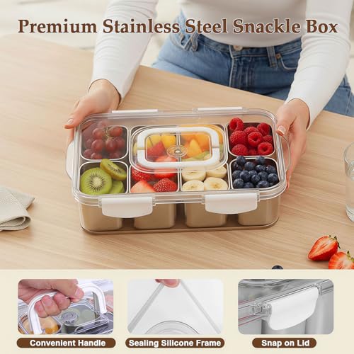 Snackle Box Container with Ice Pack Stainless Steel,Portable Snack Boxes with Lid and Insulated Bag,8 Compartment Snackle Storage Divided Serving Tray Beach Road Trip Picnic for Fruit Charcuterie