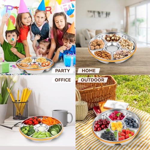 6-Compartment Stainless Steel Serving Tray with Lid - 10-inch Divided Snack/Vegetable/Fruit Tray for Christmas Parties, Snackle Box & Platter Container