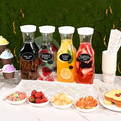 Set of 4 Plastic Carafe with Lid, 1 Liter Mimosa Bar Supplies, Large Square Base Juice Containers, Water Bottle, Milk Container, Clear Beverage Containers for Fridge - HAND WASH ONLY