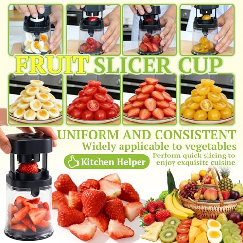 Hendiy Fruit Slicer Cup, Strawberry Slicer Grape Cutter Cup with Stainless Steel Blades, Egg Slicer Kitchen Gadgets Speed Cutters for Banana Grape Egg