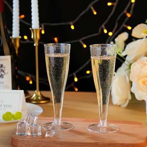 Bestluck 100 Pack Champagne Flutes Plastic, 4.5 oz Silver Glitter Plastic Disposable Stemware, Disposable Champagne Flutes for Party, Mimosa Bar, Wedding, Anniversary and Graduation