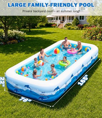 Large Inflatable Swimming Pool for Adults & Kids – 165”x76”x22” Family Backyard Pool with Electric Pump, Heavy Duty PVC Water Party Outdoor Playset