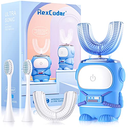 RexCodar Ultrasonic Kid's U-Shaped Electric Toothbrush, IPX7 Waterproof, Five Cleaning Modes,Cartoon Astronaut, 60S Smart Reminder (6-12 Age (Blue))