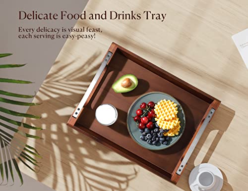 Acacia Wood Serving Tray with Metal Handles, 17x13in Food Drinks Tray for Coffee Table, Breakfast, Dinner & Bar, Rustic Decorative Storage Tray for Ottoman, Kitchen, Elegent Gift for Mom