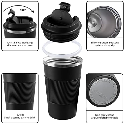 YINBAOGE Insulated Travel Coffee Mug, Spill & Leak Proof, Portable To Go Camping Stainless Steel Coffee Tumbler, Reusable Thermal Coffee Cup with Lid for Hot & Cold Drinks (Black, 12 OZ)