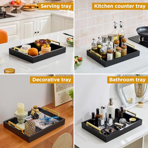 16"x12" Serving Trays with Handles, Black Decorative Serving Tray, Ottoman Trays for, Living Room, Bathroom, and Outdoors Decorative Trays (Black)