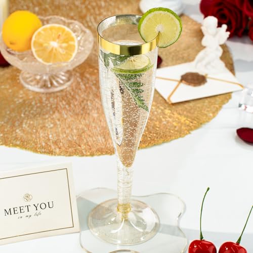 Goodluck 36 Pack 6.5 oz Plastic Gold Glitter Champagne Flutes with Gold Rim, Disposable Champagne Toasting Glasses for Wedding, Engagement, Party, Mimosa Bar