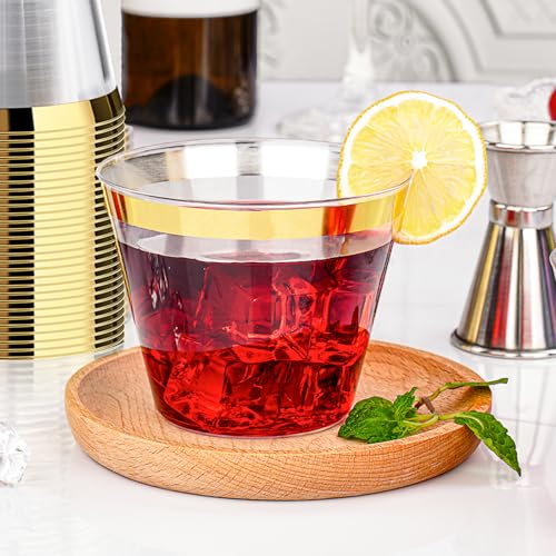 Bestluck 100 Pack 9 oz Gold Plastic Cups, Clear Disposable Cups with Gold Rim, Plastic Cocktail Glasses for Party & Graduation & Wedding
