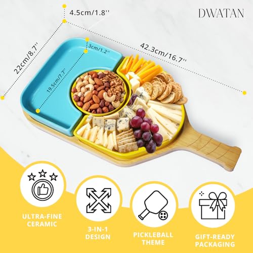 Pickleball Paddle Snack Tray Set, Ceramic Serving Plates with Bamboo Charcuterie Board, Paddle Appetizer Platter for Parties, Unique Pickleball Mothers Day Gifts for Mom