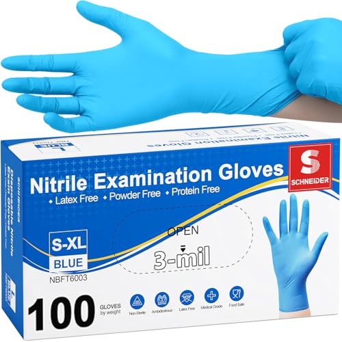 Schneider Nitrile Exam Gloves, Medical Grade Blue Disposable Gloves Latex Free, Rubber Glove for Cleaning, Cooking, Food Prep
