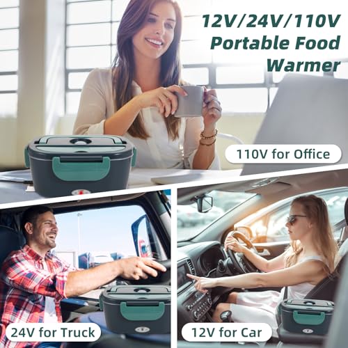 Electric Lunch Box Food Heater, 80W Portable Warmer for Car Truck Work with 304 Stainless Steel Container, 12V/24V/110V Green Heated Lunch Box Suitable for Ideal Driver/Work/Gift