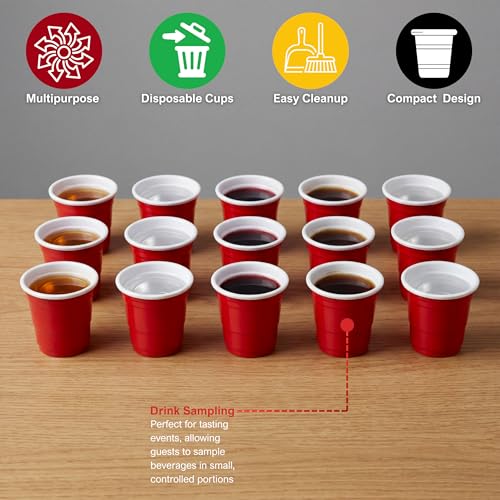 WHISC Red Disposable Shot Glasses, 2 oz – 36-Pack Heavy-Duty Plastic Shot Cups for Parties, Jello Shots, Tastings & Events – Durable, Stackable Mini Cups for Barware & Catering
