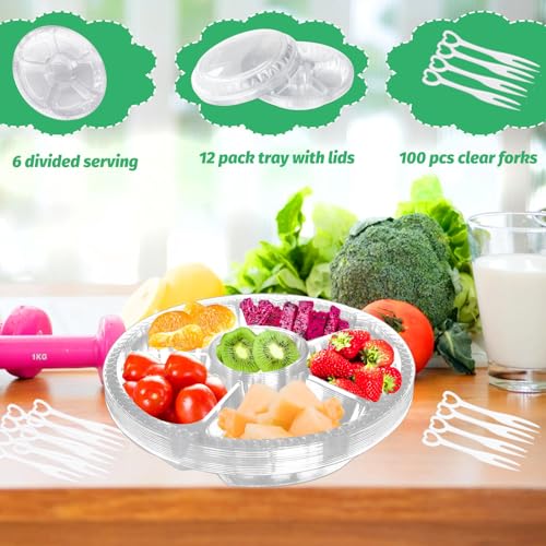 12 Pack Plastic Appetizer Trays with Lids,6 Compartment Serving Platters Tray with 100 Pcs Forks,Disposable 10 Inch Clear Round Fruit Storage Container for Snack,Food,Vegetable,Party Buffet Favors