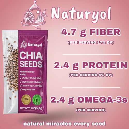 Naturyol Chia Seeds – Fiber-Rich Food for Salad Mixes, Gluten Free, Keto Friendly, Chia Seeds Travel Packets, Salad Toppings & Keto Food, Rich in Omega-3, Non-GMO, 1 lb (0.5 oz Pack of 32)