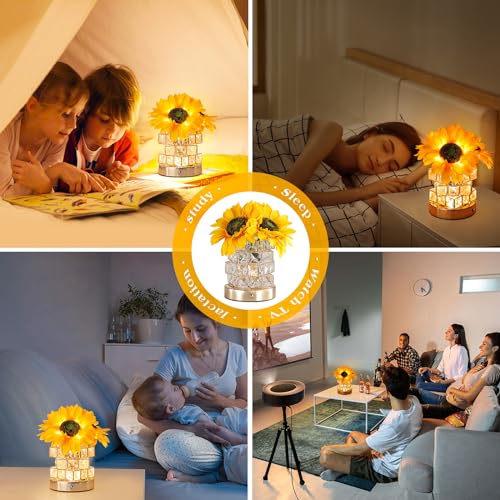 AMWGIMI Sunflowers Flower Lamp,Rechargeable Cordless Touch Table Lamp,3-Colour Infinitely Dimming Small Night Light,Festival Restaurant Bedroom Bar Coffee Shop Birthday Gifts for Women Mom