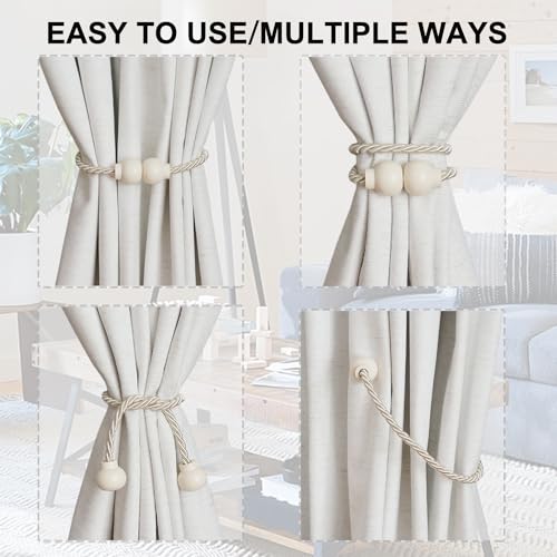 4 Pack Magnetic Curtain Tiebacks Modern Handmade Rope Curtain Tie Backs Decorative Drapes Weave Holdbacks for Home Outdoor Bedroom Office Decorative Curtain, Beige