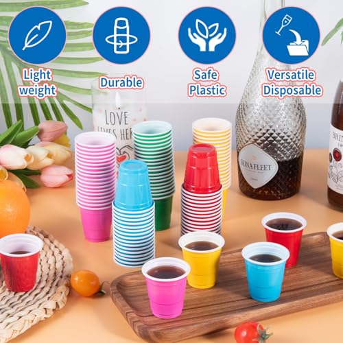 Vumdua 100 Pack 2 oz Plastic Shot Cups, Mini Disposable Shot Glasses, 2 oz Party Mini Cups for Bachelorette Party, Birthday, Parties Favor, Baby Shower Supplies (Multi Colors)