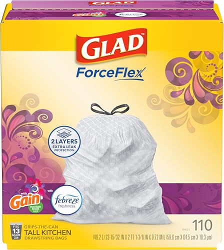 Glad ForceFlex Tall Kitchen Trash Bags, 13 Gallon, Gain Moonlight Breeze, 110 Ct (Package May Vary)