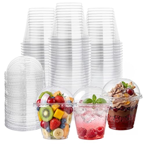 Lullaby 200Pack 9oz Clear Plastic Cups with Dome Lids, Dessert Cups with Lids, Disposable Parfait Cups, Party Cups Cupcake for Parties and Daily Use