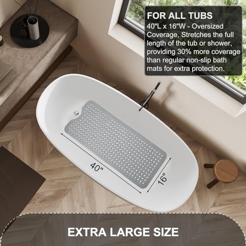 Bath Tub and Shower Mats, Non Slip 40 x 16 Inch Extra Large Bathtub Mat, Machine Washable Bathmat with Drain Holes, Suction Cups for Bathroom Floor, Gray