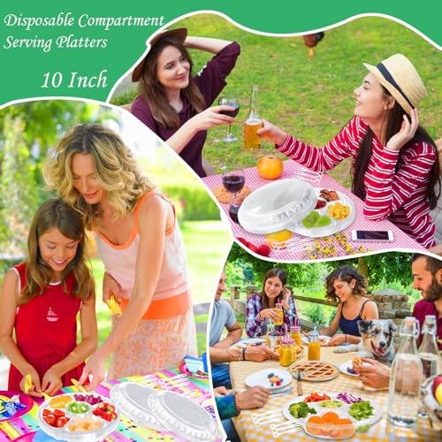 12 Pack Plastic Appetizer Trays with Lids,6 Compartment Serving Platters Tray with 100 Pcs Forks,Disposable 10 Inch Clear Round Fruit Storage Container for Snack,Food,Vegetable,Party Buffet Favors