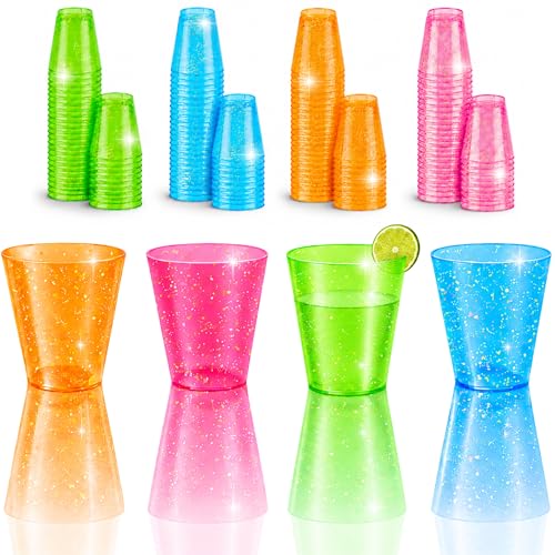 Stumbelina 100 COUNT (1 oz) NEON SPARKLE | PLASTIC SHOT GLASS CUPS | BRIGHT MULTI-COLOR Variety Pack | Disposable Party Mini Cups | Perfect for Jello Shots, Dessert Shooters, Parties, Weddings, Bars