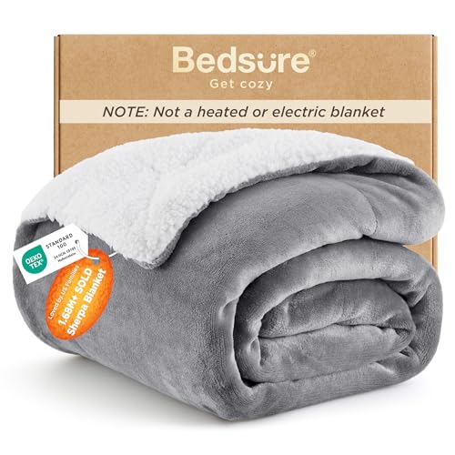 Bedsure GentleSoft Sherpa Fleece Throw Blanket for Couch, Non-Heated, Thick & Warm Christmas Cozy Blanket for Winter, Soft Fuzzy Plush Throw Gifts for Women and Men, Grey, 50x60 Inches
