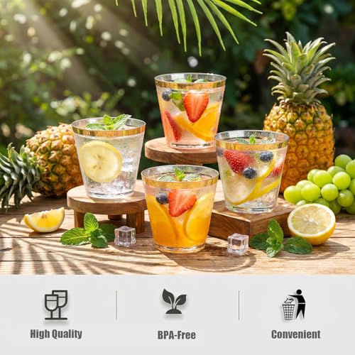 I00000 200 Pack Gold Plastic Cups, 9 Oz Elegant Clear Plastic Cups Gold Rimmed Disposable Wine Glasses Fancy Disposable Party Cup Wedding Cup Drinking Tumblers Cocktail Glasses Perfect for Party