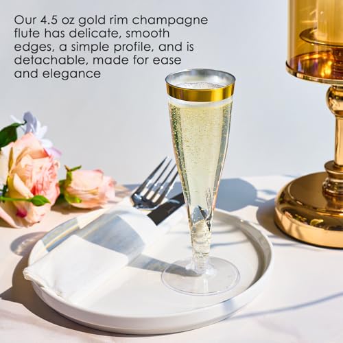 FOCUSLINE 50 Pack Plastic Champagne Flutes, 4.5 Oz Gold Rim Disposable Champagne Glasses for Wine, Cocktails, Mimosas, Disposable Clear Toasting Glasses, Perfect for Parties and Any Celebrations