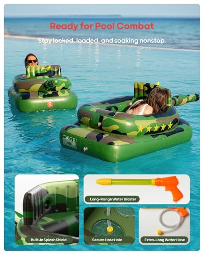 QPAU Inflatable Tank Pool Float for Adults & Kids – Ride-On Camouflage Floaty with Water Cannon, Swim Raft Toy for Boys Girls, Lake Beach Backyard Party Floaties