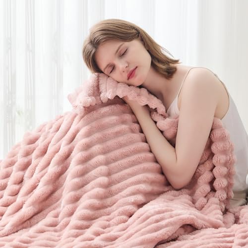 NEWCOSPLAY Super Soft Throw Blanket Pink Premium Silky Flannel Fleece 3D Ribbed Jacquard Lightweight Bed Blanket All Season Use (Pink Ribbed, Throw(50"x60"))
