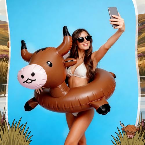 Jenaai Inflatable Highland Cow Pool Float for Adults 36" Funny Brown Cattle Blow up Swim Tube Ring Durable Water Accessory for Farm Theme Party Pool Beach Lake Summer Animal Shaped Floating Lounger