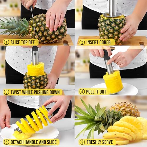 Zulay Kitchen Stainless Steel Pineapple Corer & Slicer – Heavy Duty Pineapple Cutter & Eye Removal Tool – Effortless Core Remover Tool with Sharp Reinforced Blade & Ergonomic Handle - Black