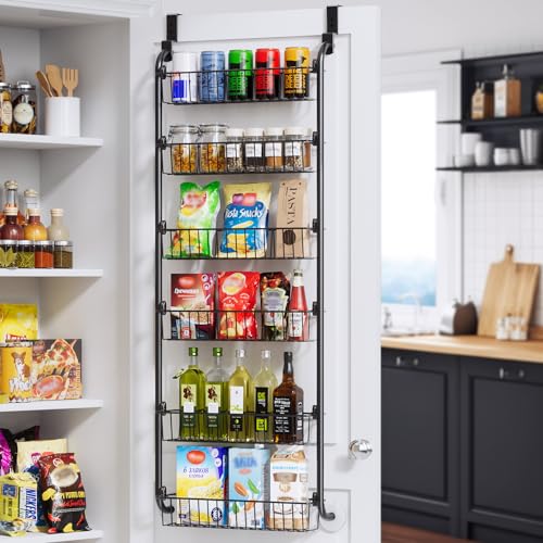 Delamu Over the Door Pantry Organizer, 6-Tier Metal Pantry Door Organization and Storage, Hanging Kitchen Basket Spice Rack Seasoning Shelves