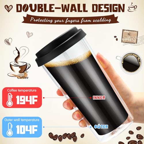 Honeydak 2 Pack 16 oz Double Walled Glass Coffee Mugs with Silicone Lids Clear Insulated Glass Travel Cups Reusable Hot and Iced Coffee Tumblers for Travel Home Office