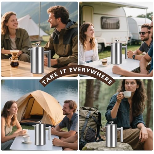 French Press 34 oz, Full Stainless Steel French Press Coffee Maker 4 Cups, Upgrated Double-Walled Insulated French Coffee Presses, Food Grade Good for Kitchen Camping, Dishwasher Safe 2 More Filters