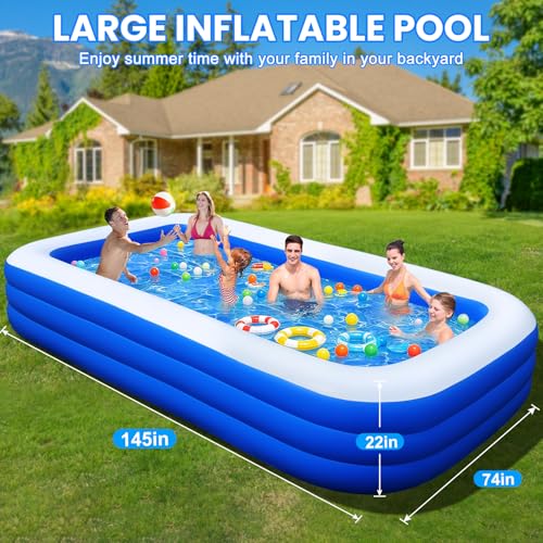 Extra Large Inflatable Pool for Adults, 145" x 74" x 22" Oversized Blow Up Family Swimming Pool, Durable Thickened Above Ground Pool for Backyard, Outdoor, Garden, Summer Water Party