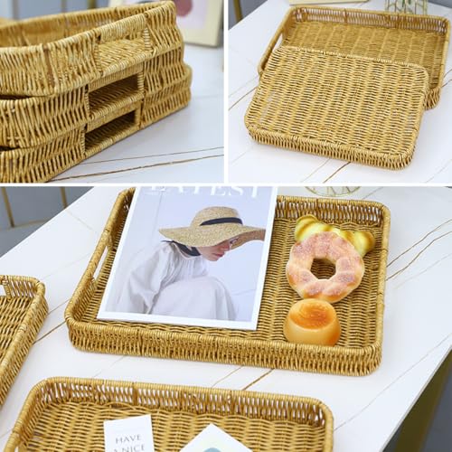 2 Pack Rectangle Rattan Serving Trays with Handles, Decorative Woven Wicker Organizer Baskets Storage Tray for Coffee Table, Bread, Fruit, Snacks