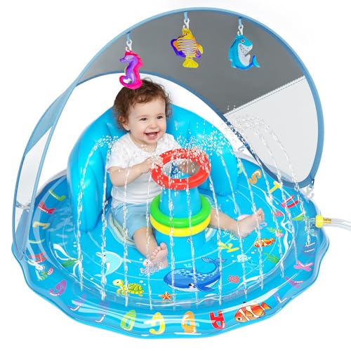Baby Splash Pad, Inflatable Baby Pool Float with Canopy, Splash Pad with Stackable Rings & Hanging Toys for Toddlers, Baby Pool Sprinkler, Outdoor Water Play Toys for Boys Girls