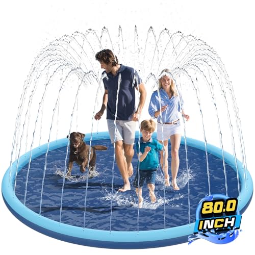 Non-Slip Splash Pad for Kids and Dog, 80" Extra Large Baby Play Mat, Dog Pool Toys, Thicken Sprinkler Pool Summer Outdoor Water Toys for Ages 3-12 Boys Girls, Parent-Kids &Games Fun Backyard (Blue)