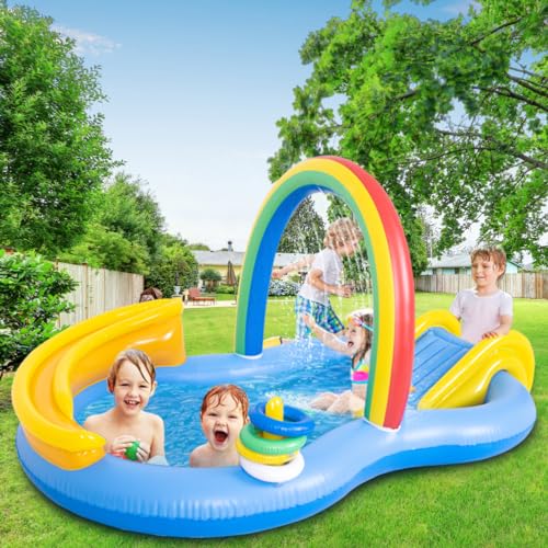 Inflatable Swimming Pool with Water Slide, Inflatable Play Center with Spray Water, Toss Ring, Ball for Outdoor Backyard Garden Water Park