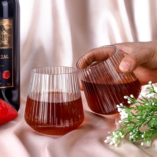Lueumxc 40 Pack Plastic Ribbed Wine Glasses, 14Oz Origami Disposable Wine Glasses Unbreakable Clear Plastic Cocktail Glasses Recyclable Shatterproof Reusable Wine Cups (14oz 40pack)