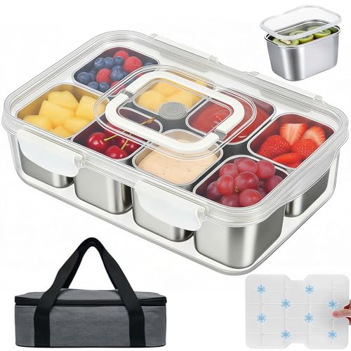 Snackle Box Container with Ice Pack, 304 Stainless Steel Divided Serving Tray, Snacklebox with Insulated Bag, 8 Compartment Platter Box with Lid and Handle for Beach, Road Trip, Boat Days, Pool Party