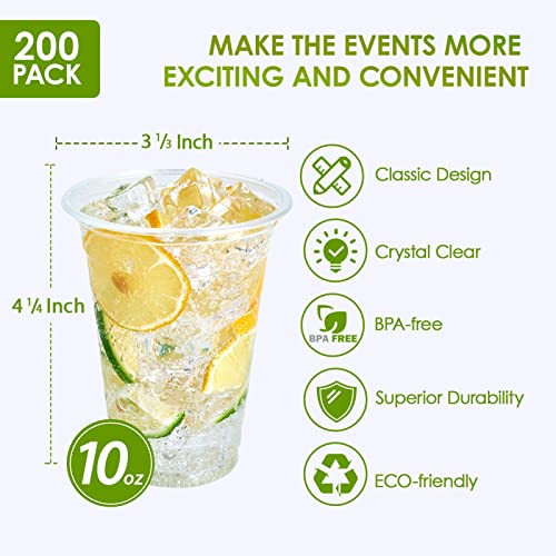 Lilymicky 200 Pack 10 oz Clear Plastic Cups, PET Disposable Drinking Cups Perfect for Birthday Parties, Ceremonies, Events