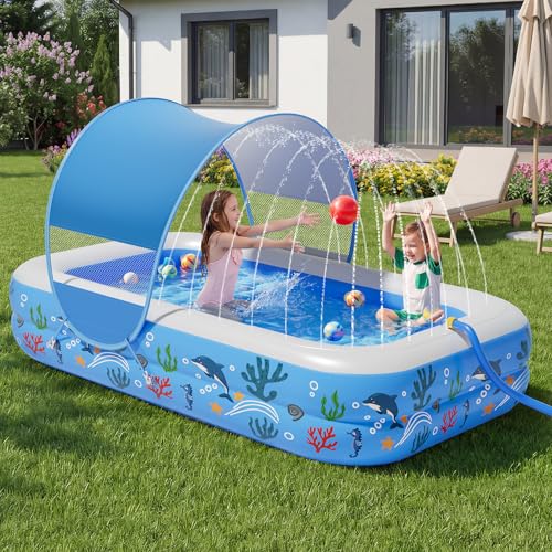 Verdenu Kiddie Pool with Sprinkler, Inflatable Baby Pool with Canopy and Soft Cushioned Floor, Toddler Pool Ball Pit for Backyard, Outdoor/Indoor Play
