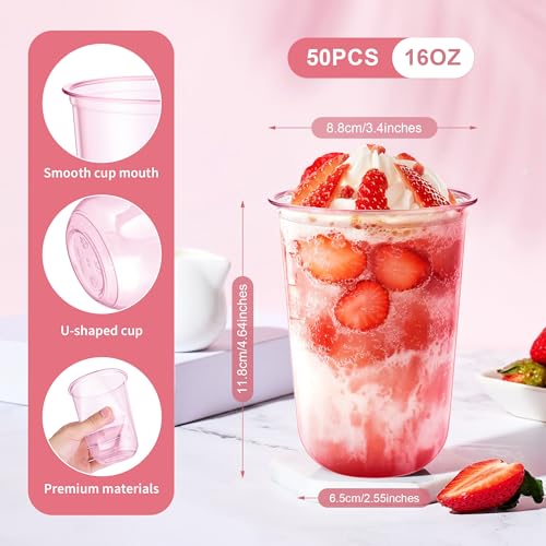 KesaPlan 50 Pcs Pink Plastic Cups, 16oz Disposable Stemless Wine Glasses Pink Clear Drinking Cup for Party Plastic Disposable Cup for Cocktail Party Wedding Birthday Valentine's Galentine's Day