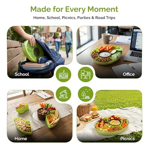 Divided Serving Tray with Lid, 5 Removable Compartments Snack & Veggie avocado shaped Tray with Center Dip Bowl, Portable Food Storage Container for Fruit, Charcuterie, Travel, Work & Parties