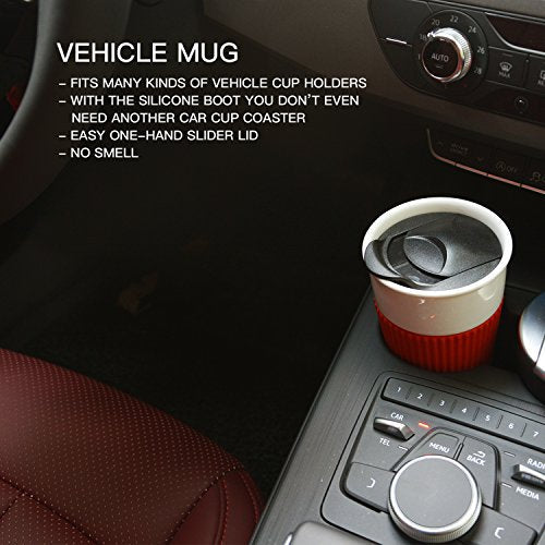 Ceramic Double Wall Insulated Travel Coffee Cup with Slider Lid, Silicone Sleeve & Built-In Coaster, 10 fl.oz (Coffee)